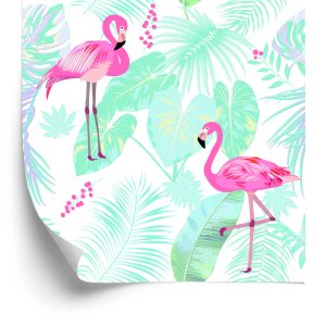 Papier Peint Flamants Roses Et Feuilles Exotiques Aux Couleurs Pastel – Image 2