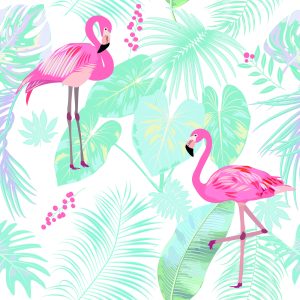 Papier Peint Flamants Roses Et Feuilles Exotiques Aux Couleurs Pastel – Image 1