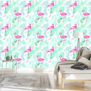 Papier Peint Flamants Roses Et Feuilles Exotiques Aux Couleurs Pastel – Image 3