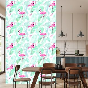 Papier Peint Flamants Roses Et Feuilles Exotiques Aux Couleurs Pastel – Image 4