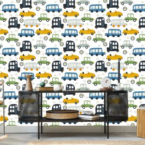 Papier Peint Pour Les Enfants - Petites Voitures Colorées Et Panneaux De Signalisation – Image 5