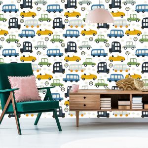 Papier Peint Pour Les Enfants - Petites Voitures Colorées Et Panneaux De Signalisation – Image 6