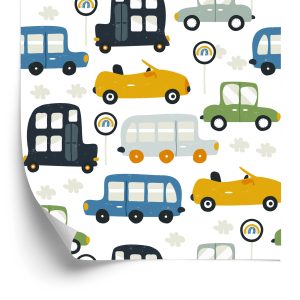 Papier Peint Pour Les Enfants - Petites Voitures Colorées Et Panneaux De Signalisation – Image 2