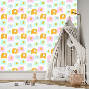 Papier Peint Pour Les Enfants - Éléphants Heureux Aux Couleurs Pastel – Image 3