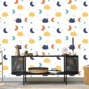 Papier Peint Pour Les Enfants - Nuages ​​Colorés, Étoiles Et Lunes – Image 5