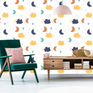 Papier Peint Pour Les Enfants - Nuages ​​Colorés, Étoiles Et Lunes – Image 6