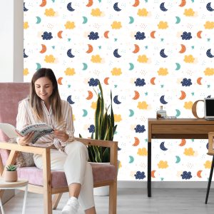 Papier Peint Pour Les Enfants - Nuages ​​Colorés, Étoiles Et Lunes – Image 7