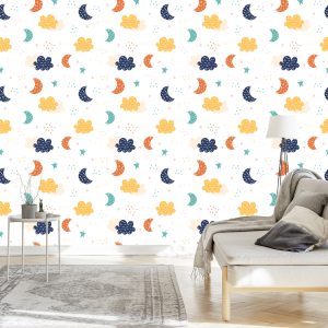 Papier Peint Pour Les Enfants - Nuages ​​Colorés, Étoiles Et Lunes – Image 3