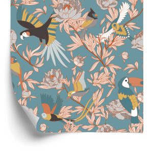 Papier Peint Feuilles, Fleurs Et Oiseaux Exotiques – Image 2