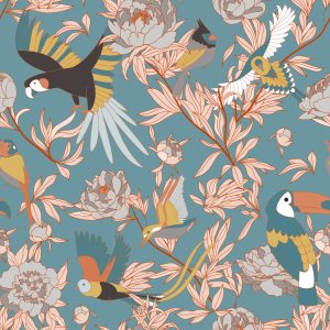 Papier Peint Feuilles, Fleurs Et Oiseaux Exotiques – Image 1