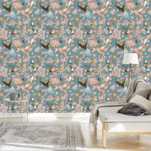 Papier Peint Feuilles, Fleurs Et Oiseaux Exotiques – Image 3