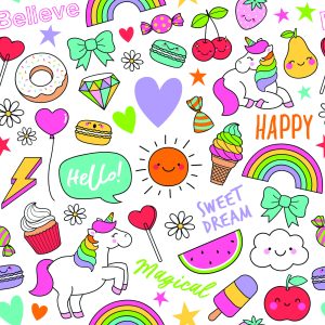 Papier Peint Pour Les Enfants - Licornes, Fruits, Bonbons Et Nuages – Image 1