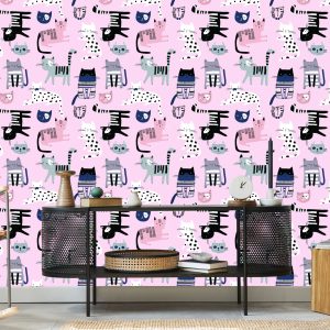 Papier Peint Pour Enfants - Chatons Colorés Sur Fond Rose – Image 5