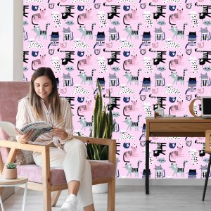 Papier Peint Pour Enfants - Chatons Colorés Sur Fond Rose – Image 7