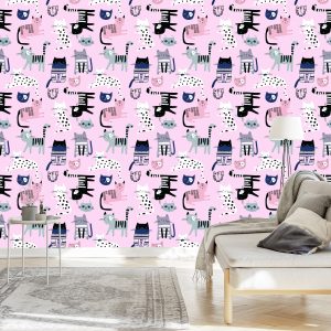 Papier Peint Pour Enfants - Chatons Colorés Sur Fond Rose – Image 3