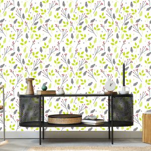 Papier Peint Pour Les Enfants - Feuilles Vertes Et Baies Rouges – Image 5