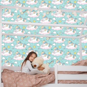 Papier Peint Pour Les Enfants - Licornes Endormies Et Étoiles Filantes – Image 7