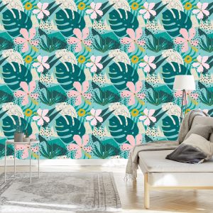 Papier Peint Tropical - Feuilles Et Fleurs Colorées À La Mode – Image 3