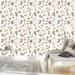 Papier Peint Pour Les Enfants - Souris, Champignons Et Fleurs – Image 3