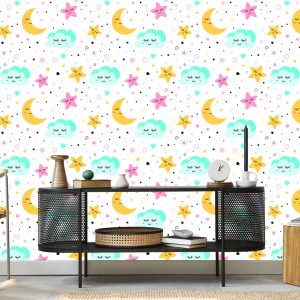 Papier Peint Pour Les Enfants - Étoiles Endormies Colorées, Nuages ​​Et Lunes – Image 5