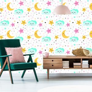 Papier Peint Pour Les Enfants - Étoiles Endormies Colorées, Nuages ​​Et Lunes – Image 6