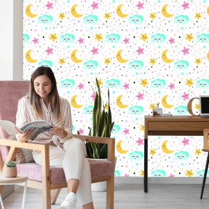 Papier Peint Pour Les Enfants - Étoiles Endormies Colorées, Nuages ​​Et Lunes – Image 7