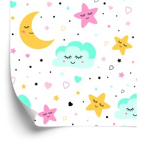 Papier Peint Pour Les Enfants - Étoiles Endormies Colorées, Nuages ​​Et Lunes – Image 2