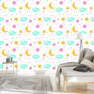 Papier Peint Pour Les Enfants - Étoiles Endormies Colorées, Nuages ​​Et Lunes – Image 3