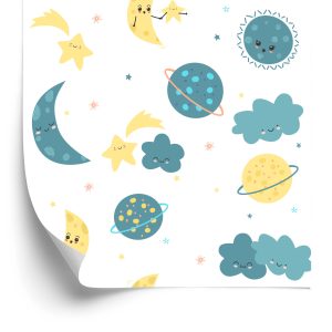 Papier Peint Pour Les Enfants - Étoiles Colorées Planète Lunes Et Nuages – Image 2