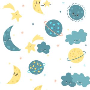 Papier Peint Pour Les Enfants - Étoiles Colorées Planète Lunes Et Nuages – Image 1