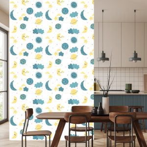 Papier Peint Pour Les Enfants - Étoiles Colorées Planète Lunes Et Nuages – Image 4