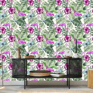 Papier Peint Tropical - Feuilles Et Fleurs De Flamants Roses – Image 5
