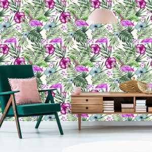 Papier Peint Tropical - Feuilles Et Fleurs De Flamants Roses – Image 6