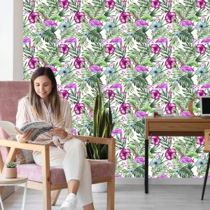 Papier Peint Tropical - Feuilles Et Fleurs De Flamants Roses – Image 7
