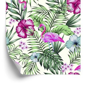 Papier Peint Tropical - Feuilles Et Fleurs De Flamants Roses – Image 2