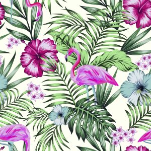 Papier Peint Tropical - Feuilles Et Fleurs De Flamants Roses – Image 1