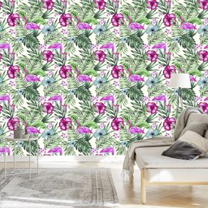 Papier Peint Tropical - Feuilles Et Fleurs De Flamants Roses – Image 3