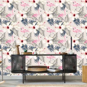 Papier Peint Feuilles Et Fleurs De Flamants Roses – Image 5
