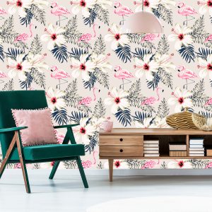 Papier Peint Feuilles Et Fleurs De Flamants Roses – Image 6
