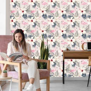 Papier Peint Feuilles Et Fleurs De Flamants Roses – Image 7