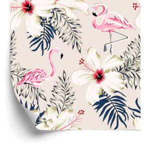 Papier Peint Feuilles Et Fleurs De Flamants Roses – Image 2