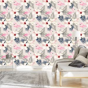 Papier Peint Feuilles Et Fleurs De Flamants Roses – Image 3