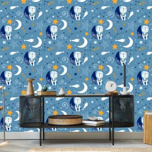 Papier Peint Pour Les Enfants - Étoiles, Lunes Et Ours En Peluche Endormis – Image 5