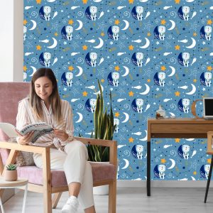 Papier Peint Pour Les Enfants - Étoiles, Lunes Et Ours En Peluche Endormis – Image 7