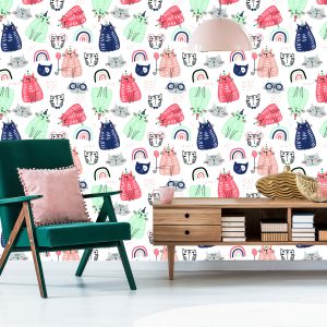 Papier Peint Pour Les Enfants - Chats Et Arc-En-Ciel Dans Le Style Scandinave – Image 6