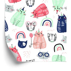 Papier Peint Pour Les Enfants - Chats Et Arc-En-Ciel Dans Le Style Scandinave – Image 2