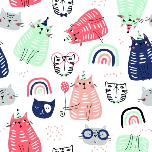 Papier Peint Pour Les Enfants - Chats Et Arc-En-Ciel Dans Le Style Scandinave – Image 1