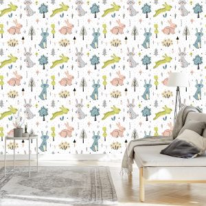 Papier Peint Pour Les Enfants - Joyeux Lapins De Pâques Dans La Forêt – Image 3