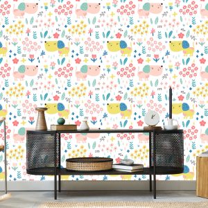 Papier Peint Pour Les Enfants - Chiens Et Fleurs Colorés – Image 5
