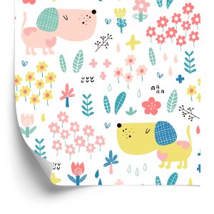 Papier Peint Pour Les Enfants - Chiens Et Fleurs Colorés – Image 2